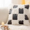 Luxury black and white patchwork pillow cover in plush faux fur and PU leather square design - White Base Black Woven Leather Pillow Cover