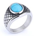 Men's vintage ring with round turquoise stone and engraved silver metal band - Turquoise (25508)