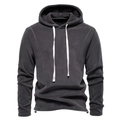 Detailed view of dark grey polar fleece hoodie with white flat drawstrings and ribbed cuffs - S / Dark Gray