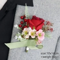 Red artificial rose boutonniere for weddings on gray suit lapel, size 10x14cm - Red Pink Rose Boutonniere