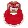 Red cotton muslin baby bib and lace bow headband set on card packaging - Red