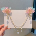 Pink and green floral hair clips with pearls and crystal tassel for girls - 445--9