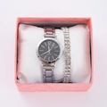 Elegant silver quartz watch and rhinestone bracelet gift set in a pink presentation box - Silver Watch Double Row Rhinestone Bracelet Set (Pink Box)