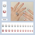 Detail view of R569 press-on nails featuring blue-white gradient and model hand display - R569 Aurora Double