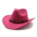 Detail of rose pink wool felt western cowboy hat featuring ethnic wooden beaded band - M (56-58cm) / Rose Red