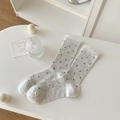 Beige bamboo fiber crew socks with black polka dots and delicate white lace trim - One Size / Light Gray