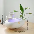 White ceramic tiered indoor desktop fountain with plant compartment and water feature - White [Lucky Wealth]