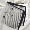 Elegant black and white lily flower printed square scarf with striped geometric border - Black-edged Patchwork Floral Square Scarf / 65