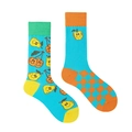 Asymmetric cotton crew socks with fruit smiles and checkered patterns in blue and orange - Blue Fruit Smile