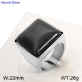 Silver stainless steel ring with a large square black cat-eye natural stone inlay - Silver Black Style (KR51652-GC)