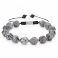 Detailed view of faceted sodalite stone beads and adjustable black woven cord bracelet - 10MM Faceted Map Stone Bracelet