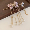 Golden butterfly hair pin with pink pearls, white rhinestones and elegant long tassels - 18# Hair Stick-Gold Pink (Butterfly Pearl Tassel)