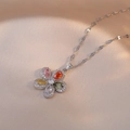 Elegant silver five-petal flower necklace with colorful zircons on champagne silk fabric - Steel Color Colorful Petals (X1641)