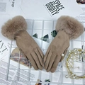 Taupe faux suede winter gloves with plush fur cuffs displayed on white grid - One Size / Khaki