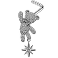 Zilveren L-vormige neuspiercing met kristallen teddybeer en hangende ster hanger - Zilveren L-vormige Teddybeer Ster Neussteker (#5)