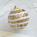 Champagne gold glitter Christmas ball with white wavy ribbons and a golden hanging string - Champagne Striped Ball 8cm