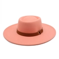 Detail view of pink wool fedora with brown leather bands and metallic rivet accents - M (56-58cm) / Dusky Pink