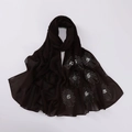 Detail of brown chiffon hijab with silver rhinestones and white pearl flower patterns - 175x70cm / Coffee