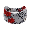 Gray wide headband with vibrant red rose floral and black leopard print patterns - Grey Rose Leopard