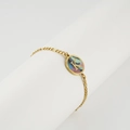 Gold plated stainless steel Figaro chain bracelet featuring a shell-style letter K pendant - Abalone Shell / Letter K / Colorful