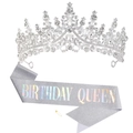 Silberne Birthday Queen Schärpe und funkelndes Kristall Diadem Set für die Party - Silber Krone + Silber Holografische Queen Schärpe Set