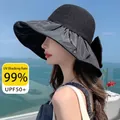 Women's black sun hat with large brim, bow tie decor, and UPF50+ UV protection - Black Portable Bag