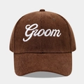 Close-up of Groom embroidery on brown corduroy baseball cap with high texture detail - Adjustable / Groom Coffee