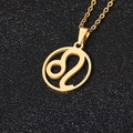 Golden Leo zodiac symbol necklace with a round cutout pendant on black background - Leo / Gold