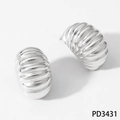 Vintage silver finish twisted texture stud earrings with metallic striped geometric design - Semi-round Horizontal Ribbed Style (PD3431) / Silver