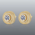 Hip hop gold plated halo stud earrings with clear round cubic zirconia stones - Retro Halo Round / Gold