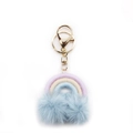 Rainbow keychain with purple, white, and blue woven ropes and soft faux fur pom-poms - Light Blue Pom Pom