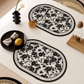 Oval faux leather placemat with black floral rose pattern and decorative English text - Oval / 4 Pieces / French Vintage Style-M