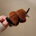 Brown knitted bow claw clip with plush texture for high ponytail styling accessory - Caramel color