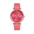 Detail of rose gold watch with faceted glass and pink leather strap showing dial texture - Rose Red