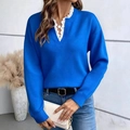 Detail of elegant V-neck knit sweater with white lace trim and dark blue ribbed texture - S / Blue
