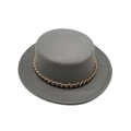 Elegant grey flat top wool felt hat with decorative gold chain link band on white background - M (56-58cm) / Gray