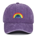 Macro detail of rainbow embroidery on purple washed cotton baseball cap with vintage texture - Adjustable / Purple