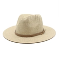Close-up of classic straw Panama hat with brown leather band and golden buckle detail - M (56-58cm) / Beige