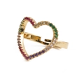 Detail of heart-shaped gold-plated ring set with vibrant colorful gemstones - Adjustable Open / Heart Multicolor Stone