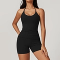 Women's black halter neck yoga set with high waist compression shorts and sleek back design - S / Premium Black (Top+Shorts)