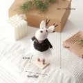 Handmade wool felt deer figurine in white with vintage knit sweater on wooden base - No.4/Black Pattern Knit Deer