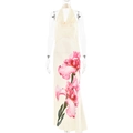 Robe longue beige sans manches à fleurs roses avec un décolleté licou drapé élégant - S / Abricot
