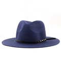 Close-up of navy straw Panama hat with black leather band and golden metal rivets - Navy Blue