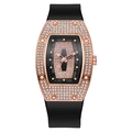 Rose gold tonneau watch with iced-out crystals and a black silicone strap - Black