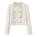 Elegante korte damesjas in crème met gouden double-breasted knopen en een ronde halslijn - XS / Off-white Jas