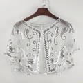 White sheer tulle shawl with elegant silver sequins and paisley patterns for women - White