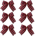 Lot de six nœuds de Noël à carreaux rouges et noirs avec fil métallique doré rustique - Set de 6 Noeuds à Carreaux Rouge et Noir