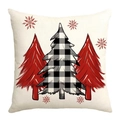 Detailed texture of beige linen pillowcase with red and plaid Christmas tree patterns - Beige Christmas Tree