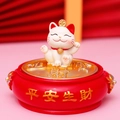 White lucky cat ornament on red base with gold coins and peaceful fortune blessings - SJ0004-2 Wealth Creation Ashtray