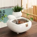 White ceramic desktop water fountain with goldfish bowl and lucky gold lettering - Lucky Wealth + Flower Pot - Square White